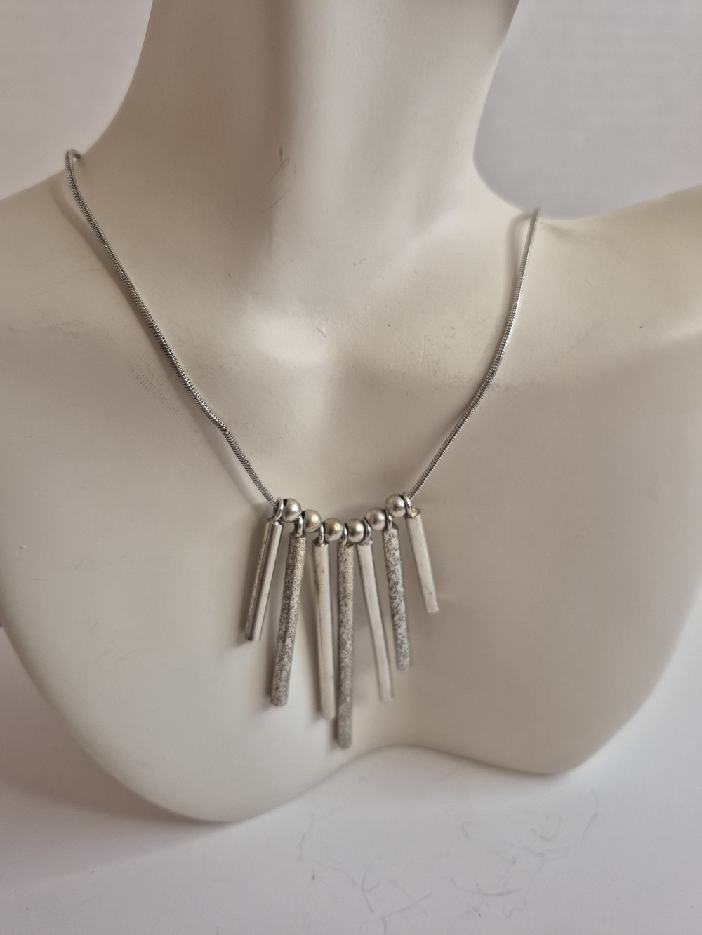 925 Sterling Silver Snake Chain Frosted and Shiny 7 Pillar Bar Pendants Necklace